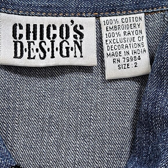 Chico's Design Shirt Womens 2 / L Denim Zip Embellished Embroidery LS Cotton VTG - Picture 3 of 16